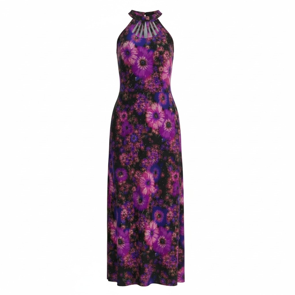 1960s Vintage Gina Rinaldi Psychadelic Floral Maxi Dress With Cutout Neckline
